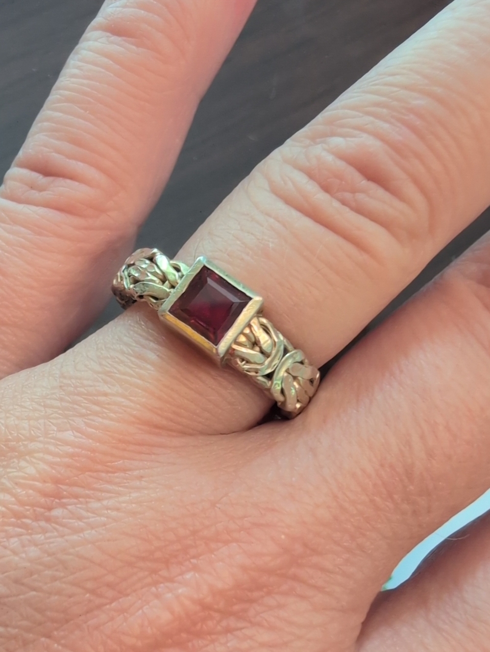Gold Colored 925 Stamped Braided Band Ring with Square Red Gem